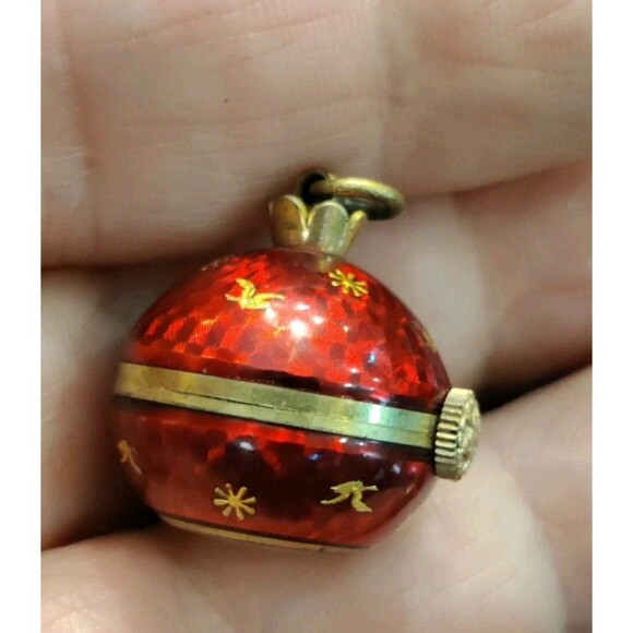 Atlanta Geneve Pendant Watch Swiss-made Orb Red Enamel Hand-painted Gold Birds - Picture 9 of 11